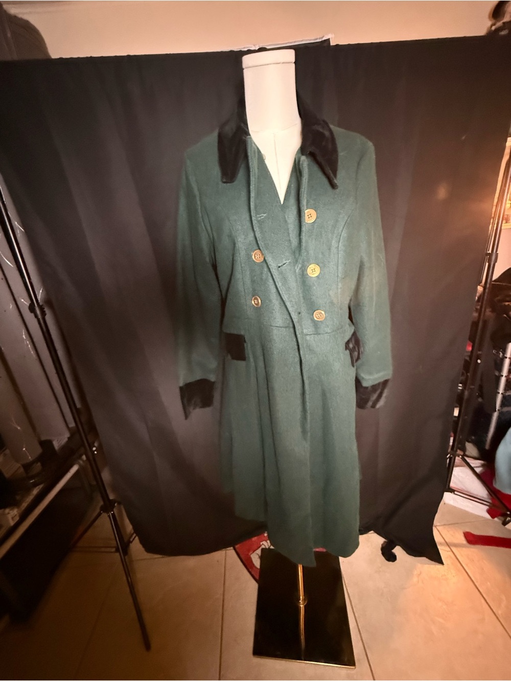 Women's Double-Breasted Dark Green Pea Coat with Black Trim